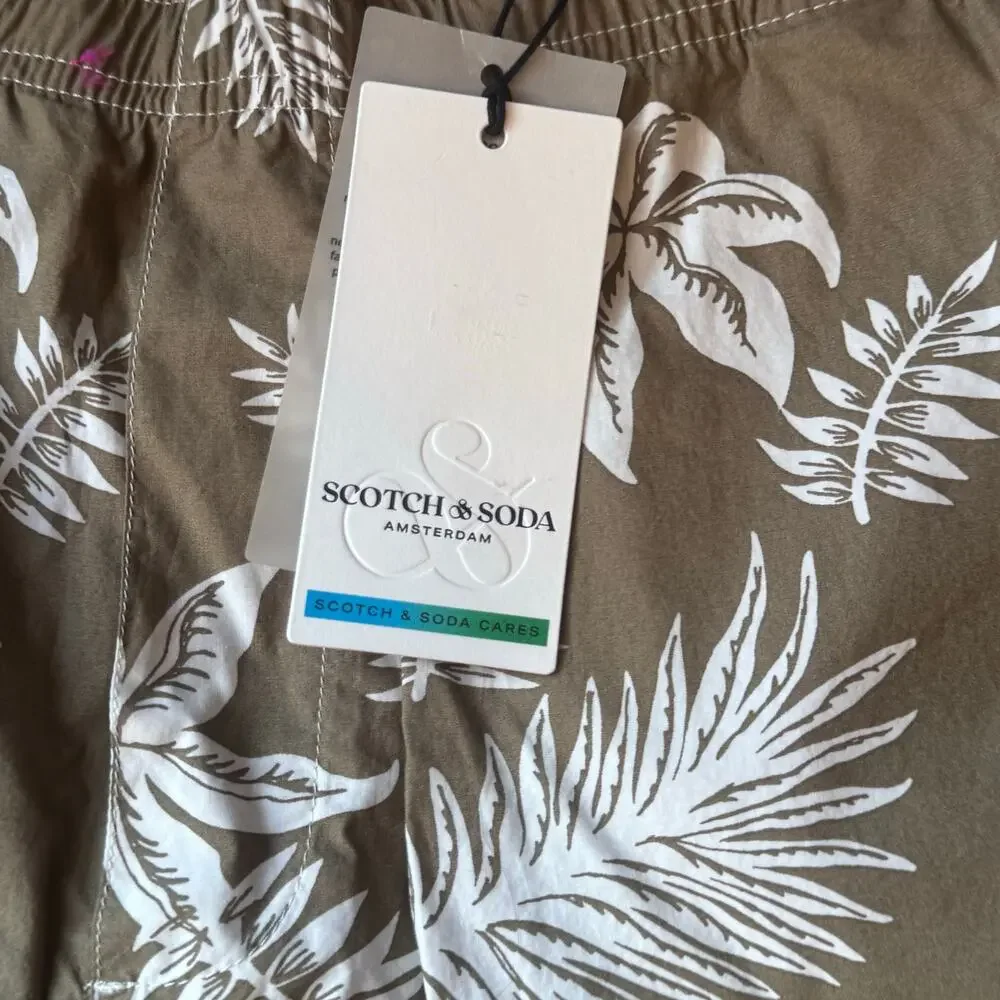 Scotch & Soda Men's Printed Poplin Bermuda Shorts Khaki Leaf Size 2XL NWT